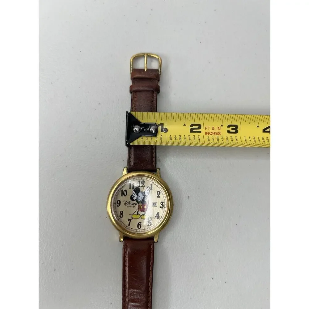 Disney Time Works Mickey Mouse Gold Toned Analog Watch Brown Leather